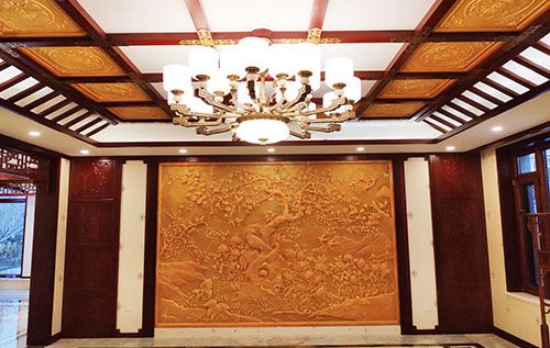 蜀山中式别墅客厅中式木作横梁吊顶装饰展示